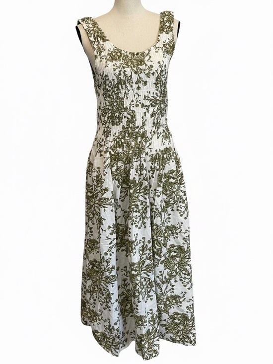 Meadow Rhode Dresses & Skirts - Sleeveless White Dress with Olive Green Botanical Print